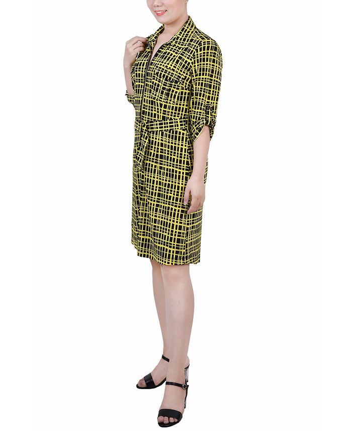 Black Doeskin Geo 3/4 Roll Tab Sleeve Belted Shirtdress - Petite