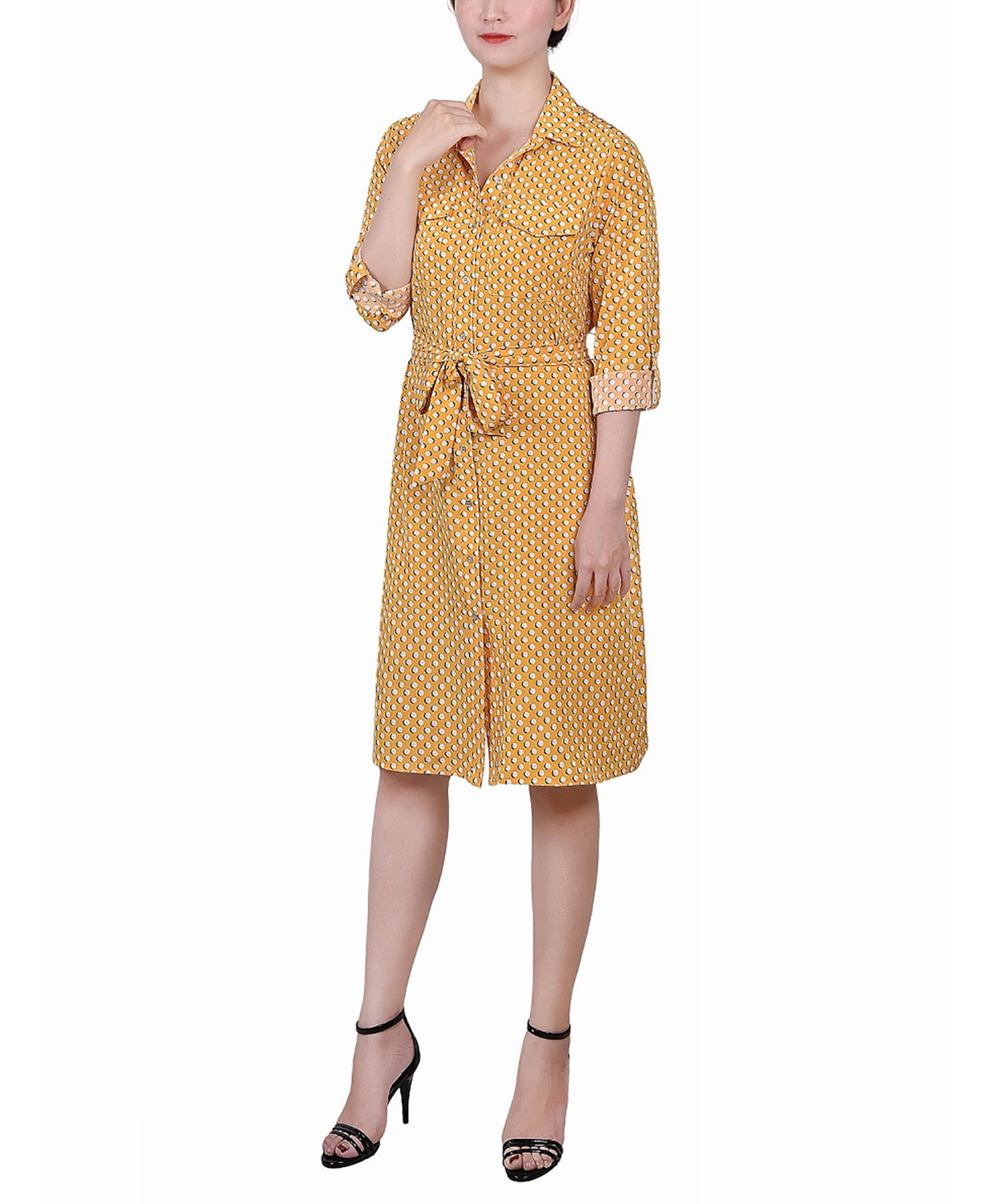 Petite Printed Long Sleeve Roll Tab Shirtdress - Ski Patrol Black Icemoon