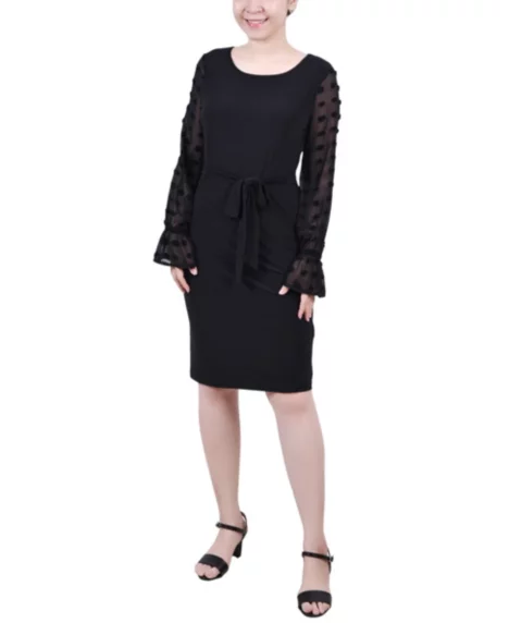 Petite Long Chiffon-Sleeve Knit Dress - Black