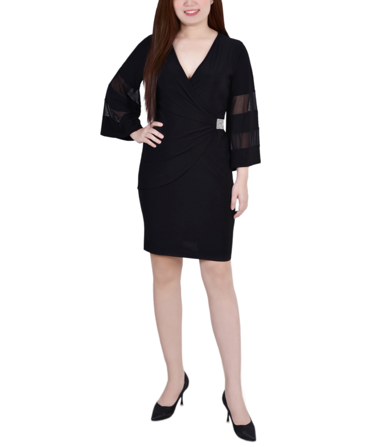 Petite Sheer-Sleeve Wrap Dress - Black