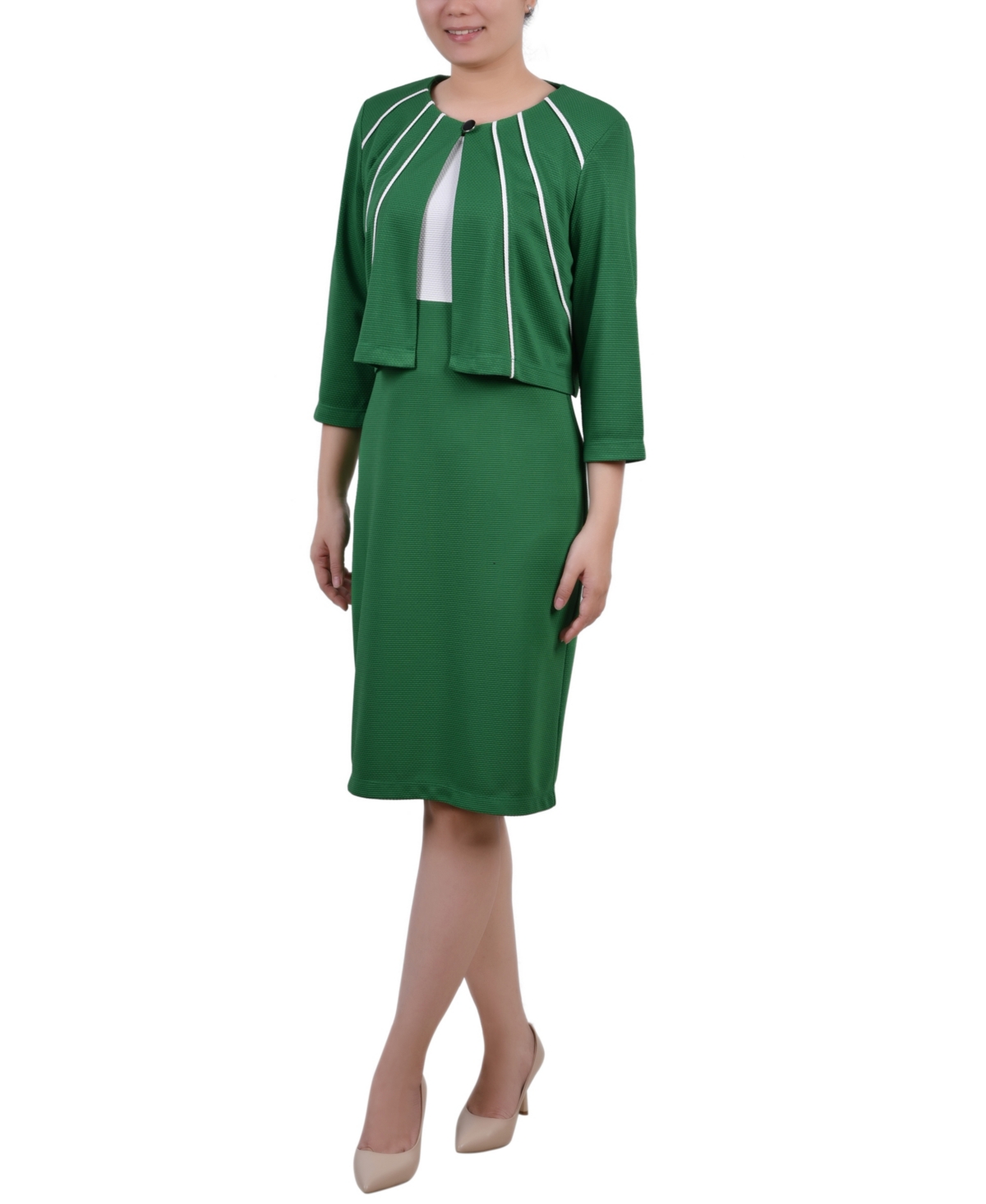 Ny Collection Petite Two Piece Jacket And Dress Set In Emerald
