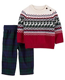 Baby Boys Holiday Sweater and Twill Flannel Pant, 2 Piece Set