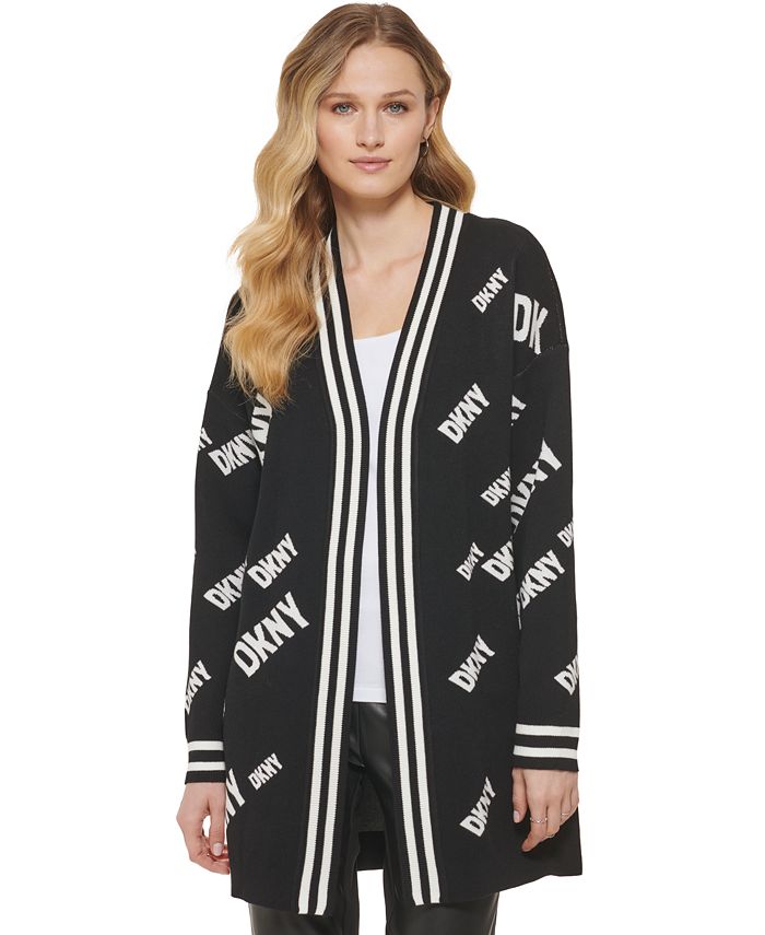 DONNA KARAN DKNY CIRCA Black & White BIG Round LOGO Sweater Women's LARGE