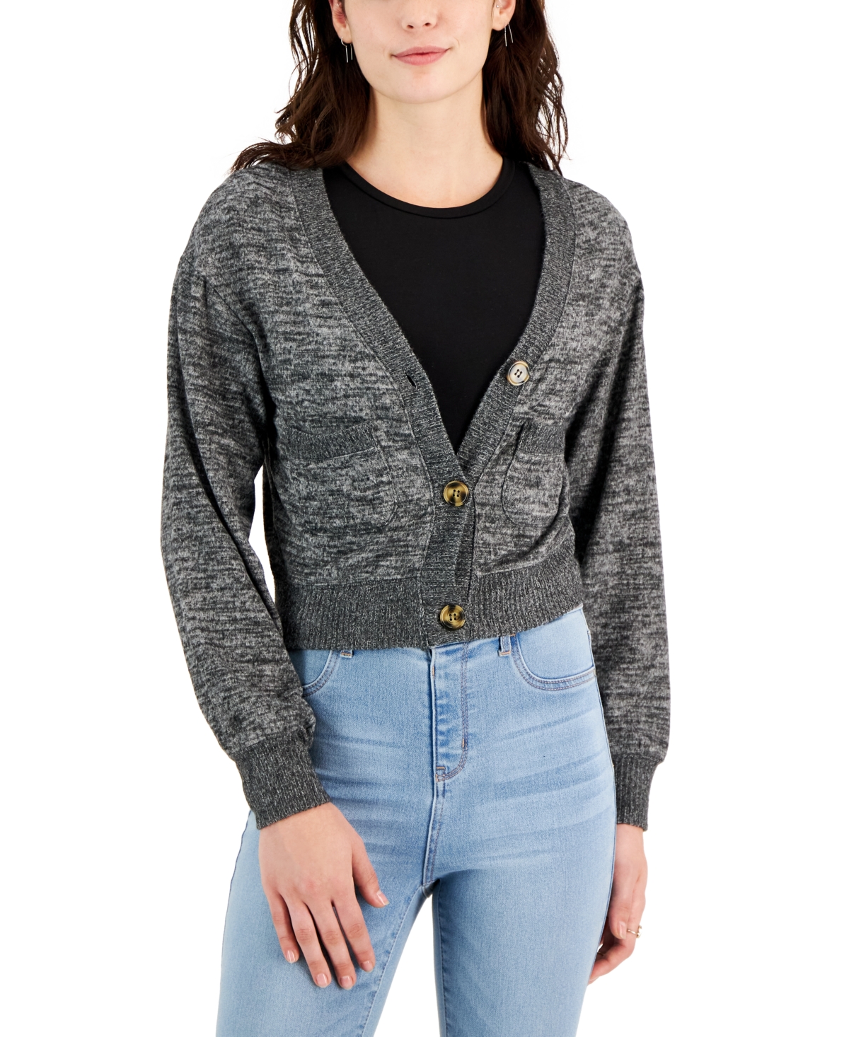 Almost Famous Juniors' V-neck Hacci Cardigan Sweater In Black Marl