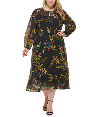 Tommy Hilfiger Plus Size Zelda Floral-Print Long-Sleeve Midi Dress - Macy's