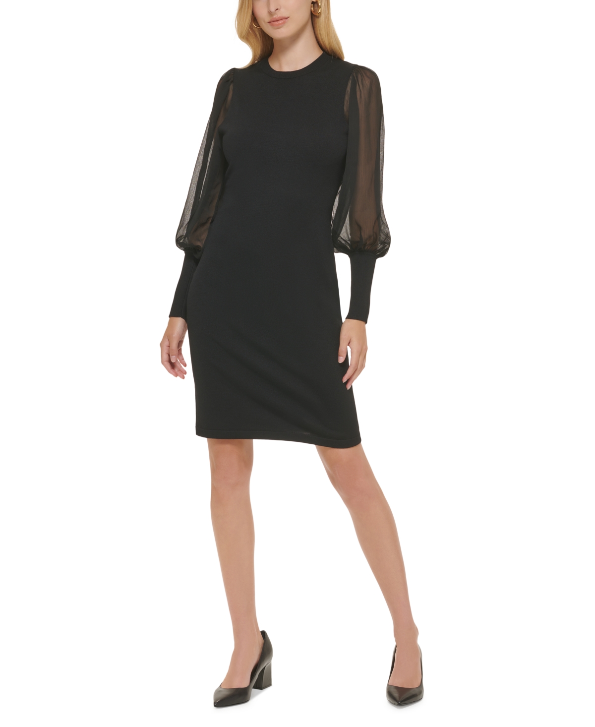 Calvin Klein Sheer-Sleeve Sweater Sheath Dress