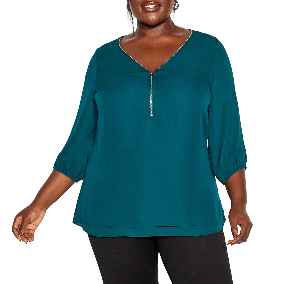 Plus Size Fashion Fling Elbow Sleeve Zip Neck Top - Jade
