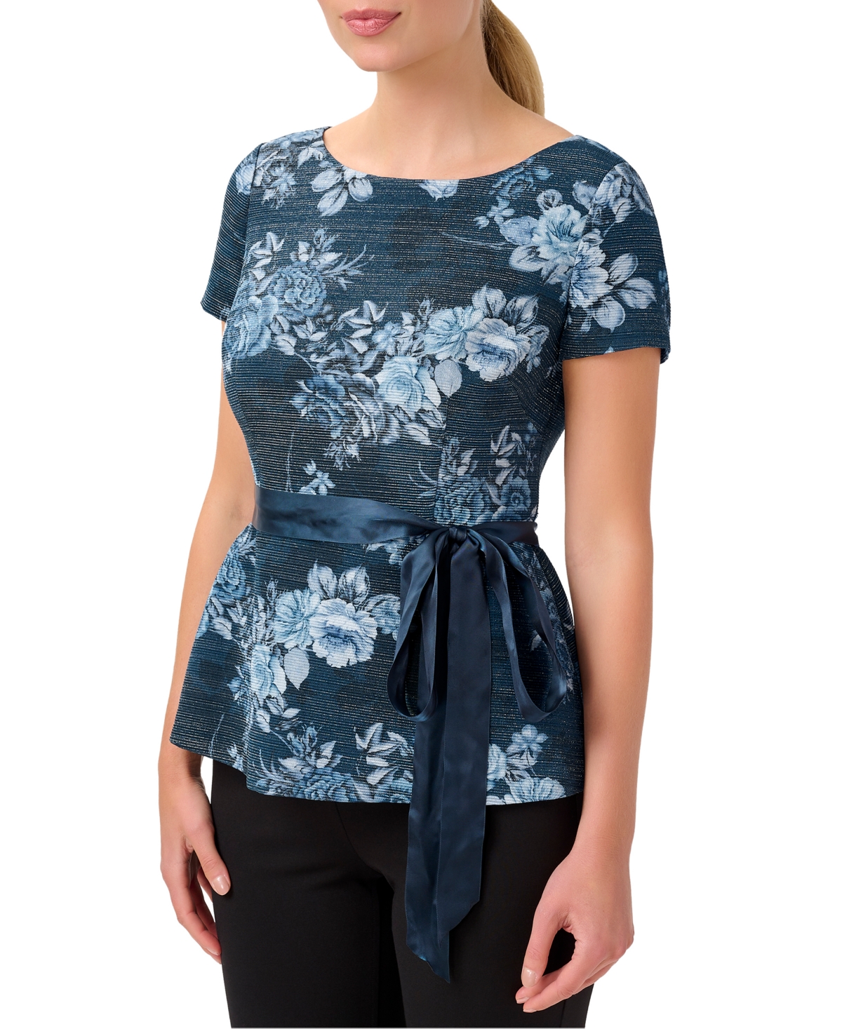  Adrianna Papell Women's Metallic Floral-Print Belted Top