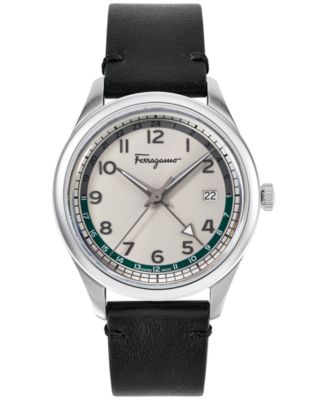 Ferragamo - Men's Swiss Timeless GMT Black Leather Strap Watch 40mm