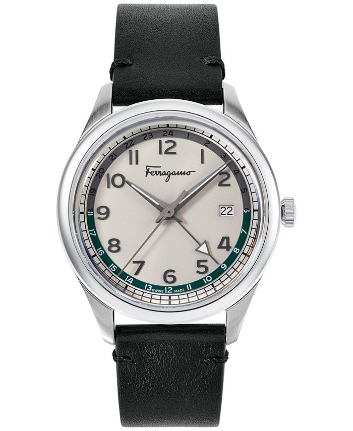 Ferragamo Salvatore Men's Swiss Timeless GMT Black Leather Strap Watch ...