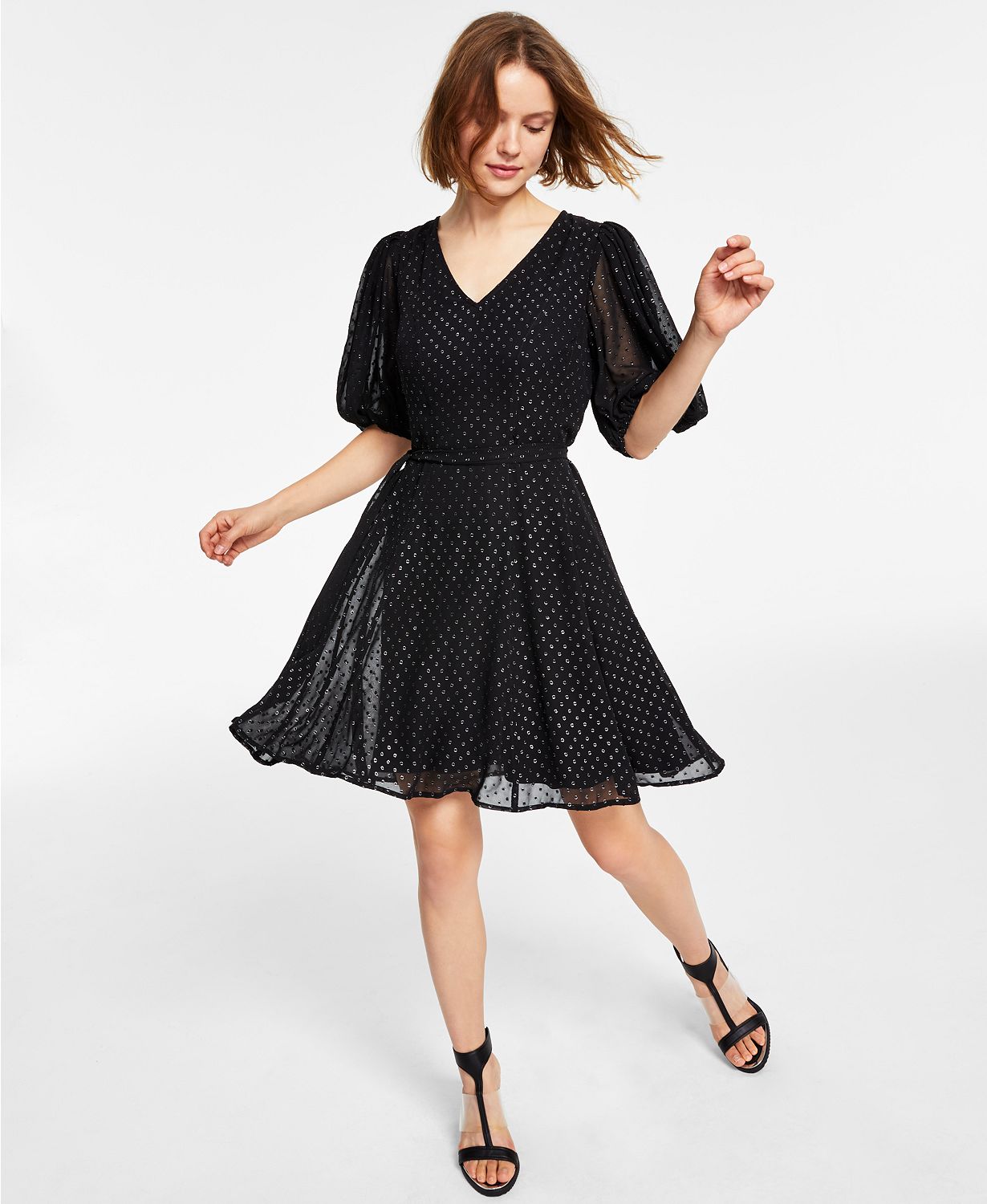 Clip-Dot Balloon-Sleeve Fit & Flare Dress