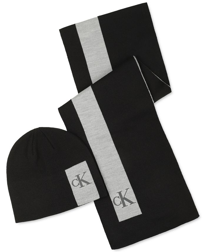 Calvin Klein Men's Logo Scarf & Beanie Hat Set Black Size Regular