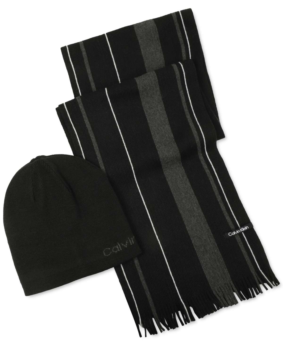Calvin Klein Men's Reversible Beanie & Striped Scarf Set In Black Gun Metal