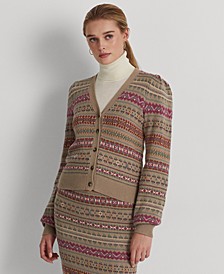 Petite Puffed Shoulder Fair Isle Cardigan Sweater 