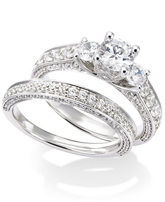 Macy's Diamond Three-Stone Engagement Ring Bridal Set in 14k White Gold ...