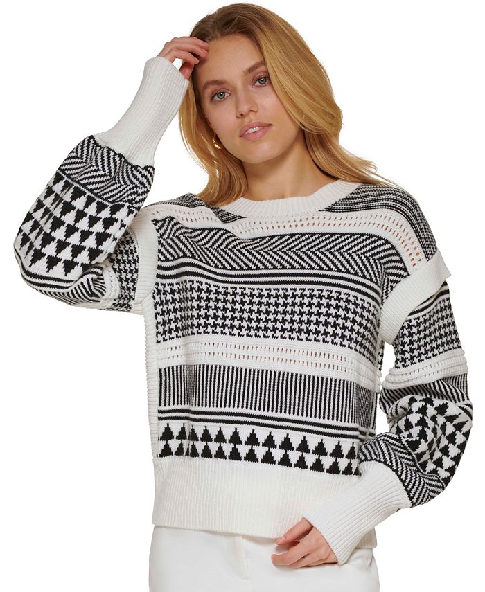 DKNY Women s Patchwork Geo Knit Crewneck Sweater Macy s