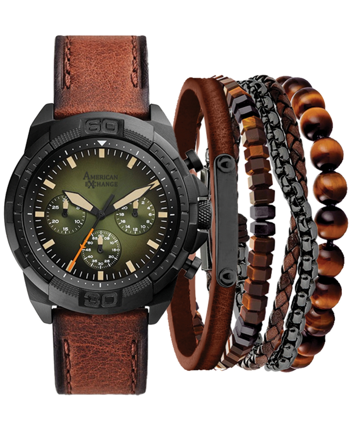 American Exchange Men's Cognac Faux-Leather Strap Watch 51mm Gift Set
