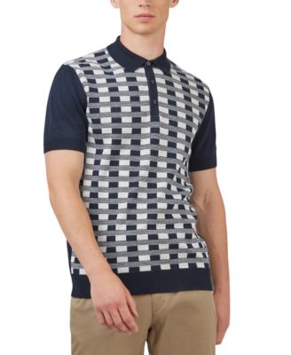Ben Sherman - Men's Jacquard Check-Front Short-Sleeve Embroidered Polo Shirt
