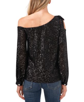 Women's Long Sleeve Sequin Bow Detail One-Shoulder Top