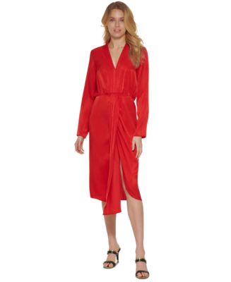 DKNY Women's Faux-Wrap Long-Sleeve Satin Dress & Reviews - Dresses ...