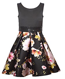 Little Girls Sleeveless Scuba Bodice to Pleated Mikado with Sequin Band Floral Dress