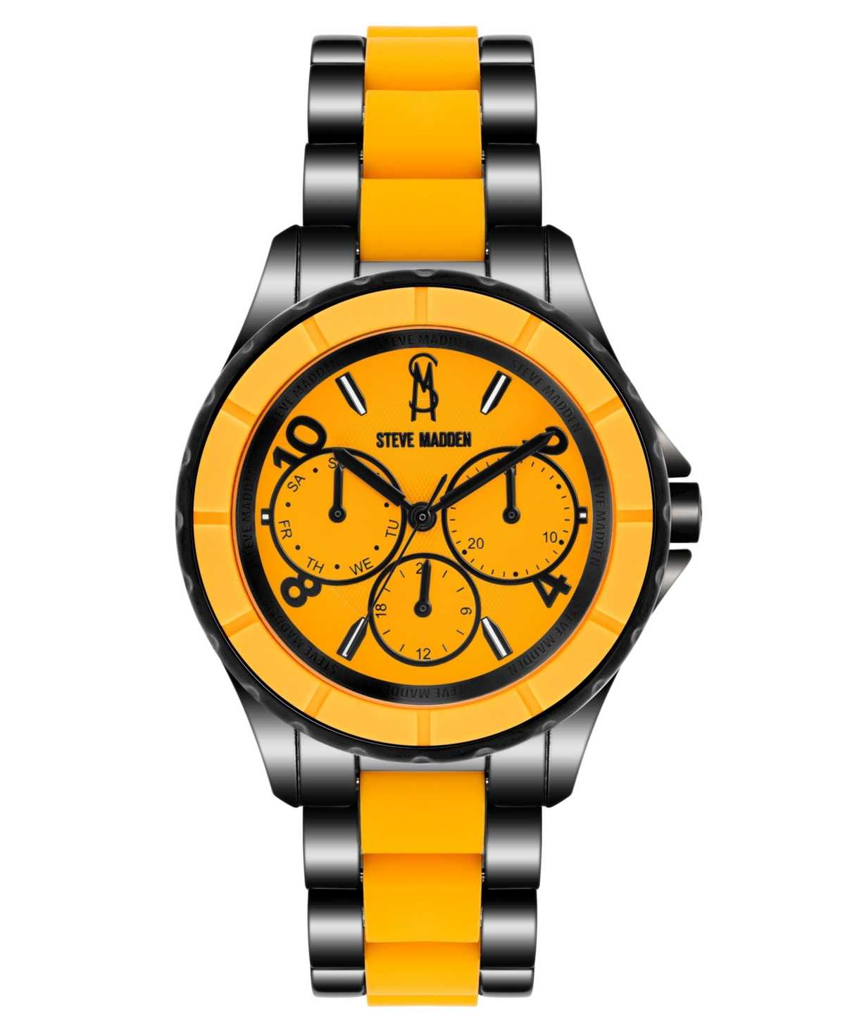 Steve Madden Women's Analog Black Alloy With Orange Silicone Center Link Bracelet Watch, 40mm In Black,orange