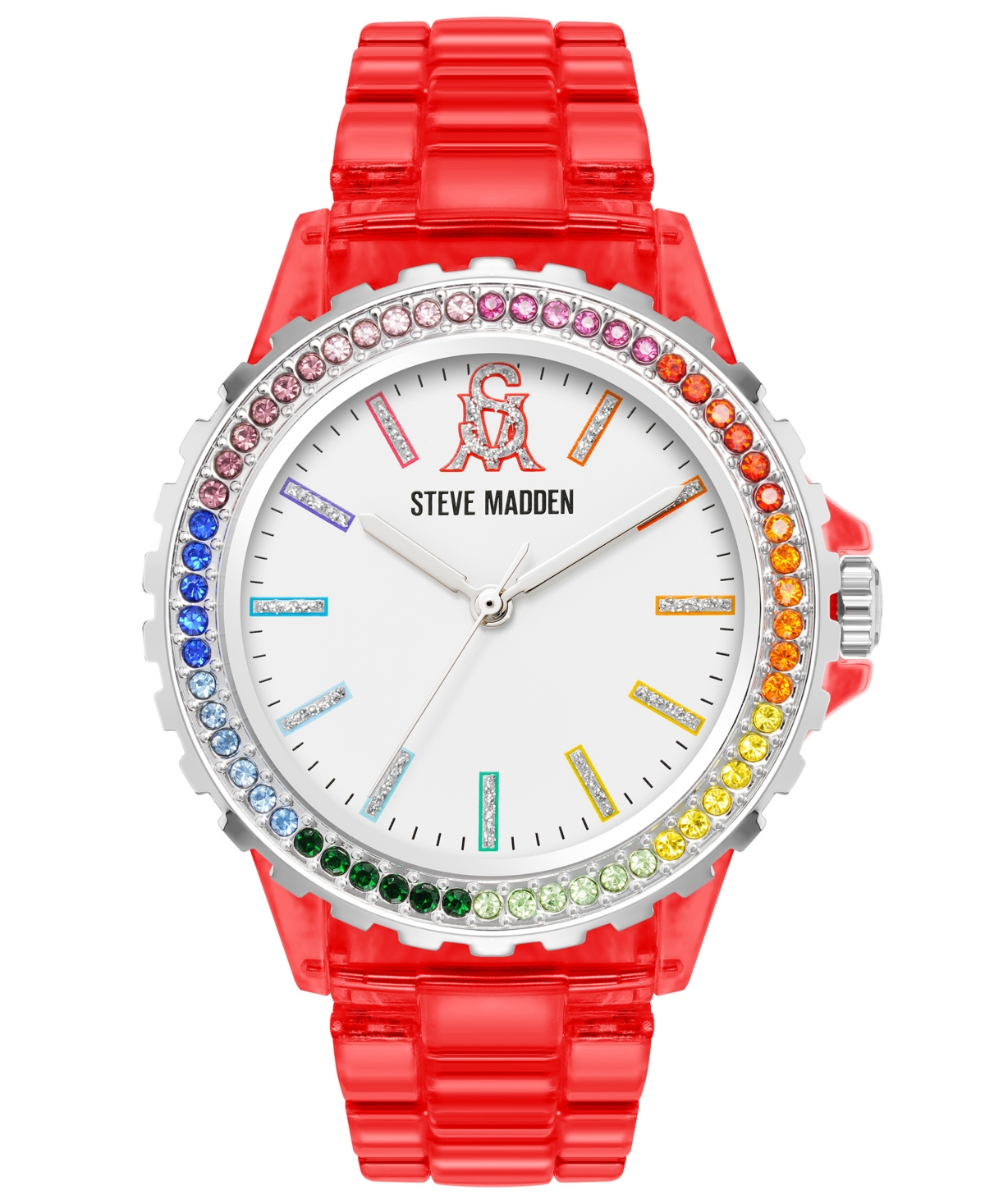 Steve Madden Women's Analog Transparent Red Plastic With Rainbow Crystal Bracelet Watch, 40mm