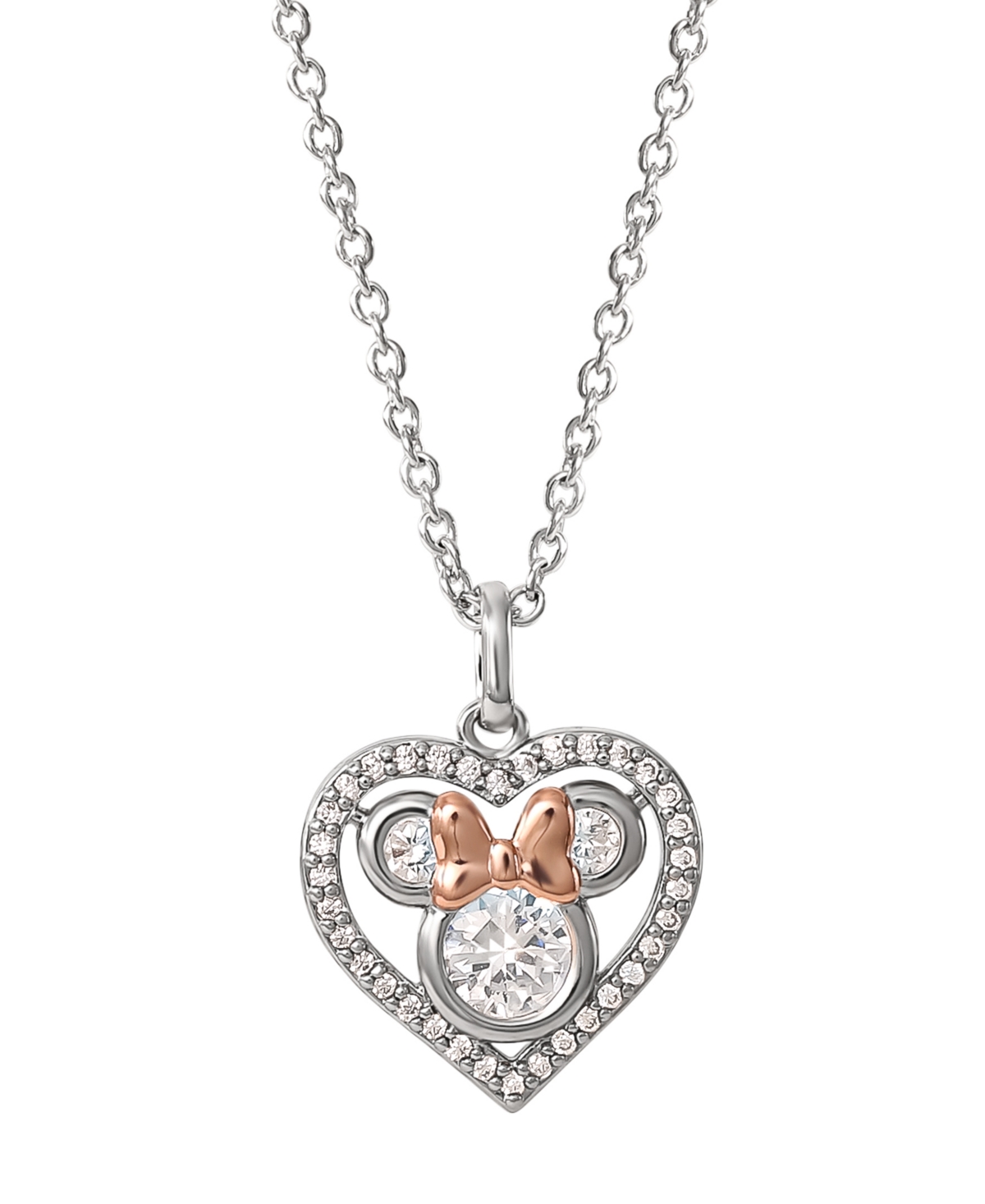 Cubic Zirconia Minnie Mouse Pendant Necklace in Sterling Silver & 18K Rose Gold-Plate, 16" + 2" extender - Silver