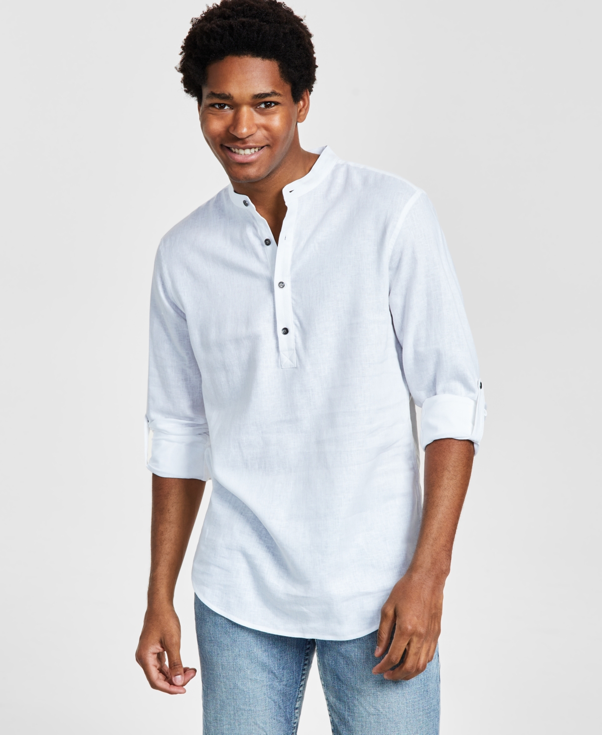Inc International Concepts Men's Regular-fit Linen Popover Shirt, Created For Macy's In Bright White