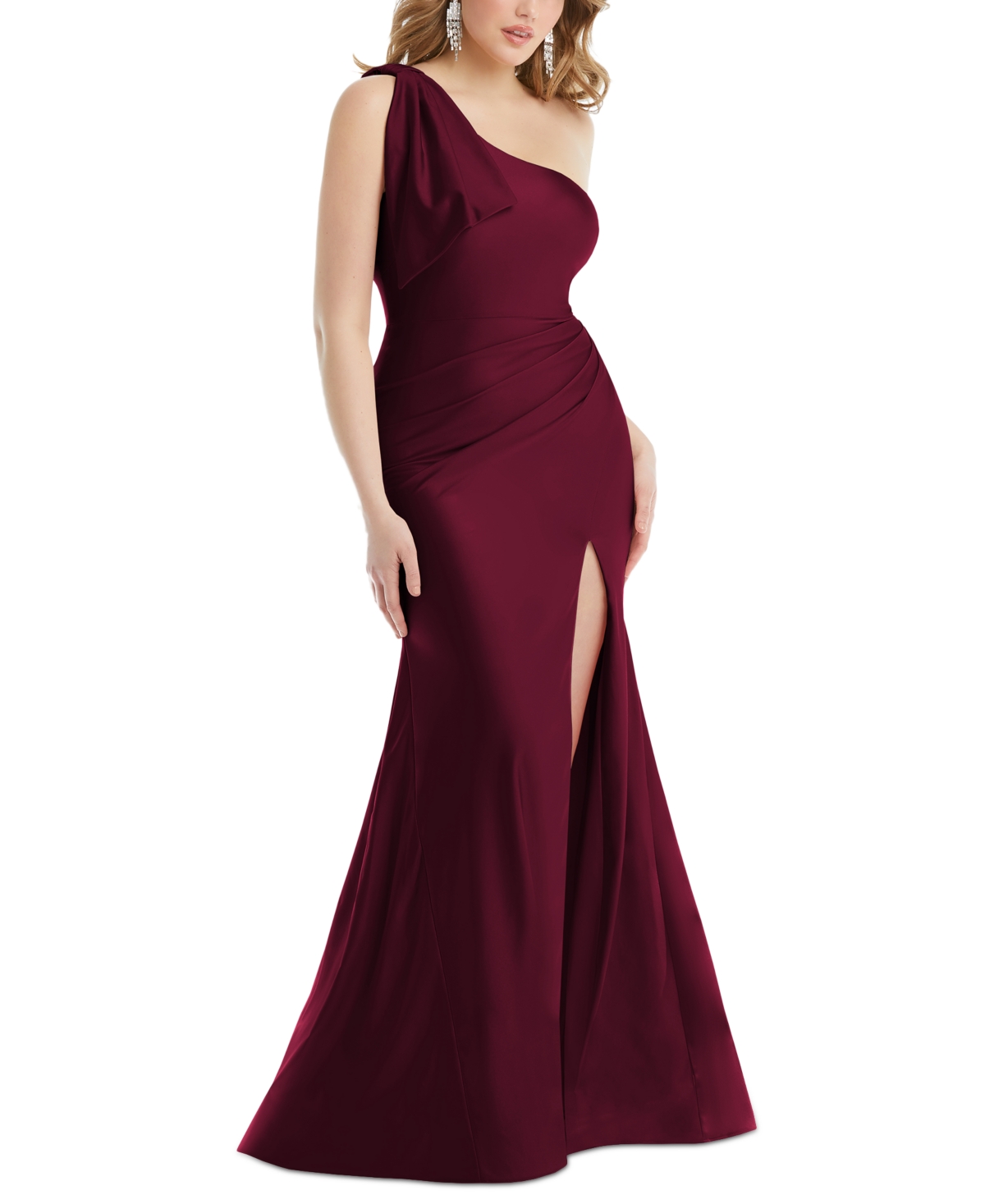 Dessy Collection Women's Bow One-Shoulder Sleeveless Satin Gown