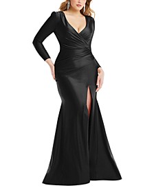 Women's Long-Sleeve Side-Ruched Satin Gown 