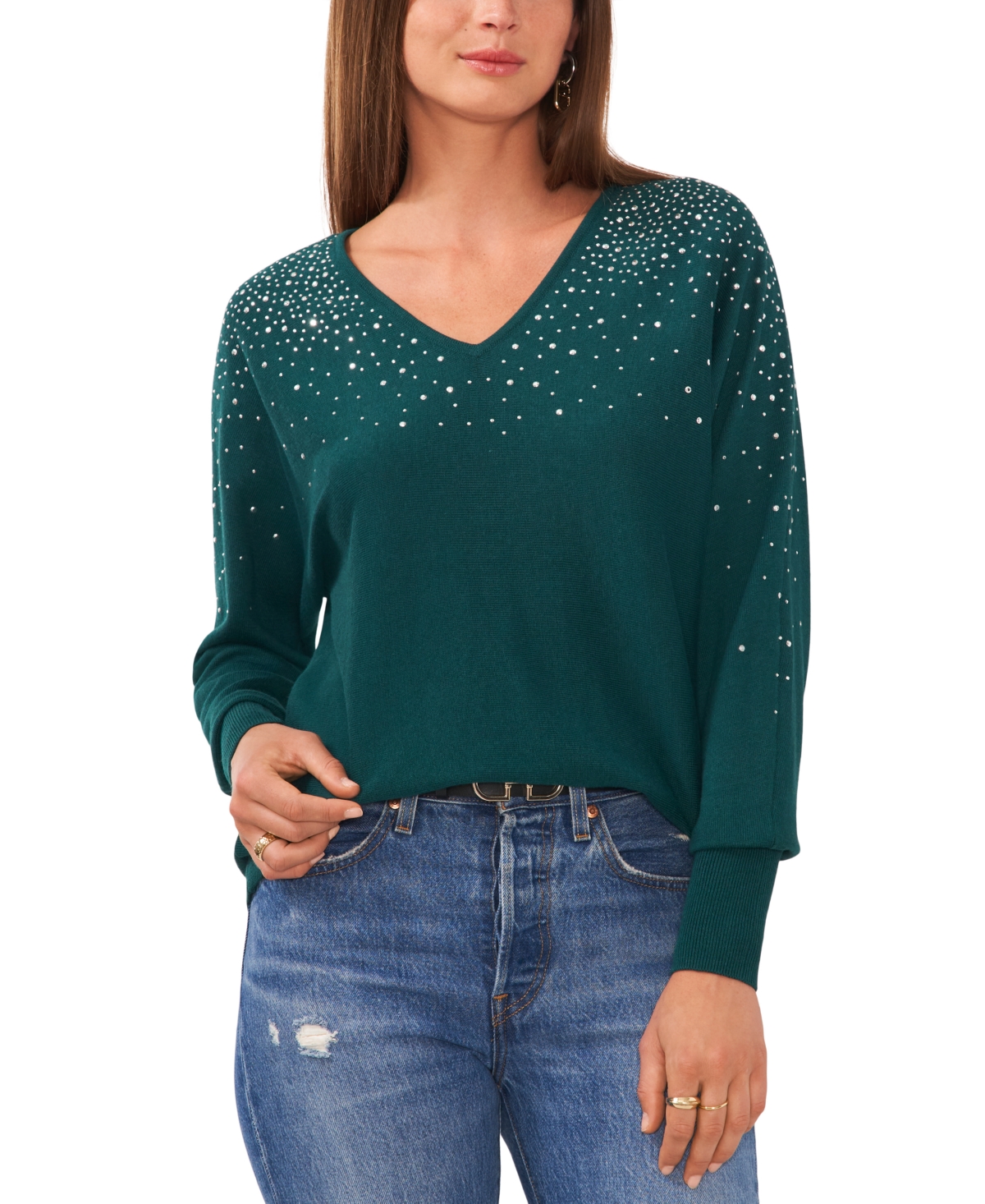Women's V-Neck Embellished Long-Sleeve Sweater - Wise Green