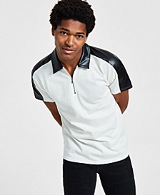 Men's Classic-Fit Short-Sleeve Zip Polo Shirt with Faux Leather Piecing, Created for Macy's