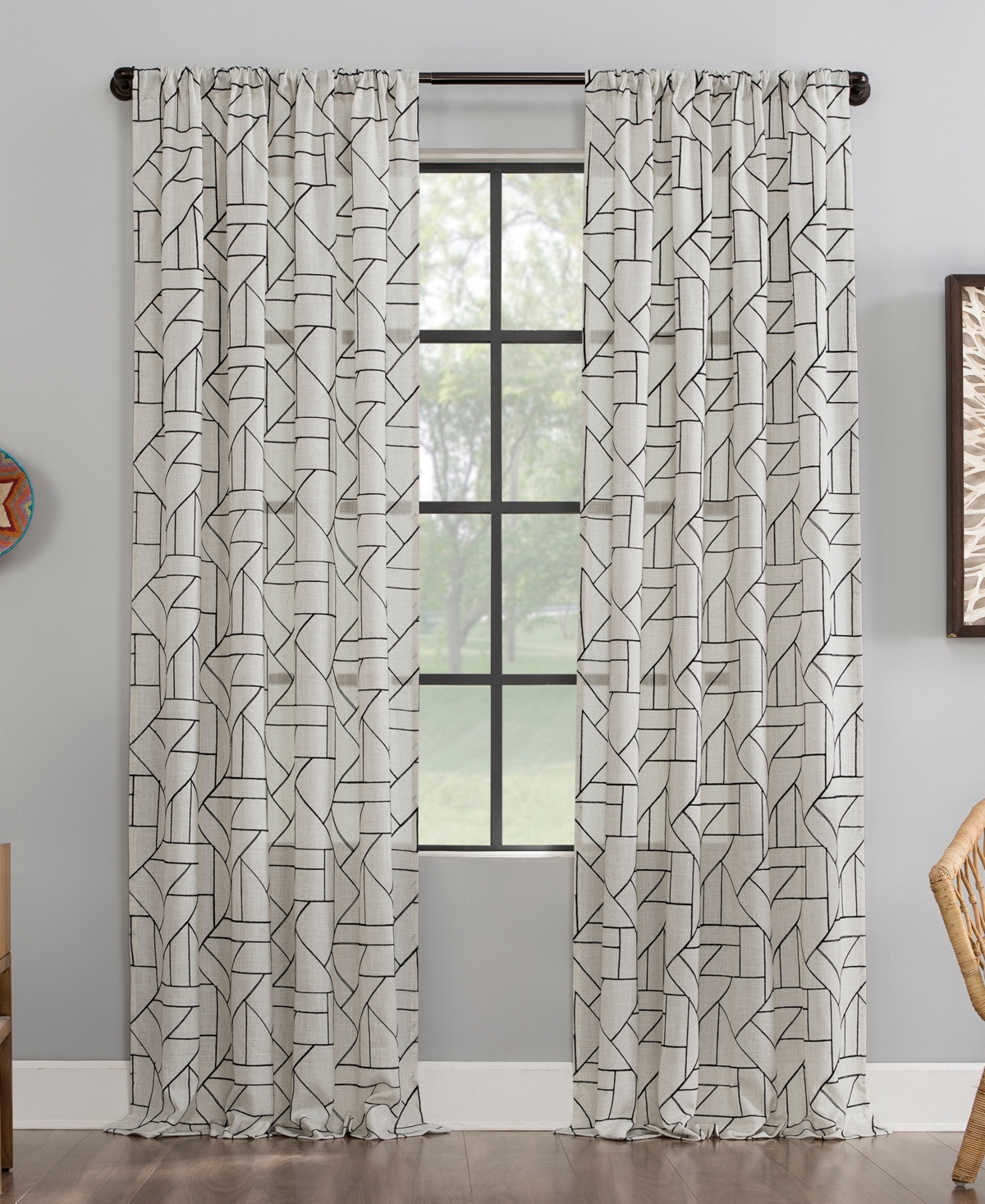 Archaeo Jigsaw Embroidery Curtain, 50" X 108" In Black,linen