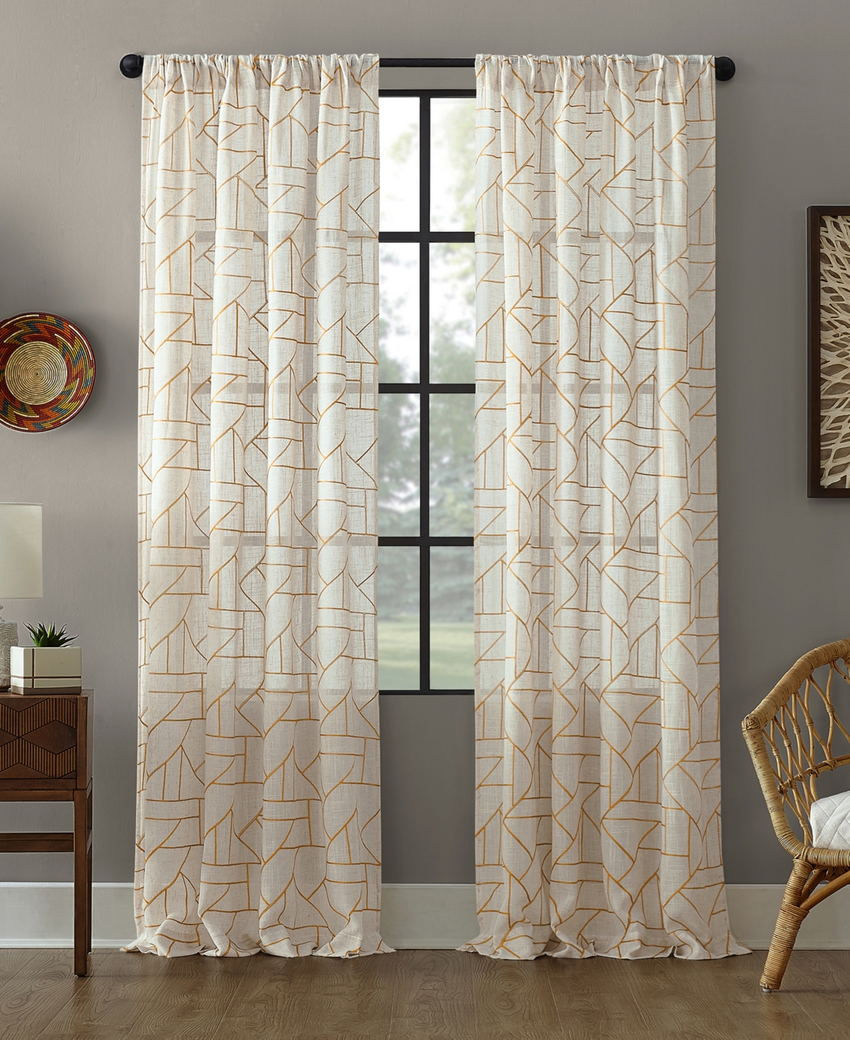 Archaeo Jigsaw Embroidery Curtain, 50" X 108" In Gold-tone,linen
