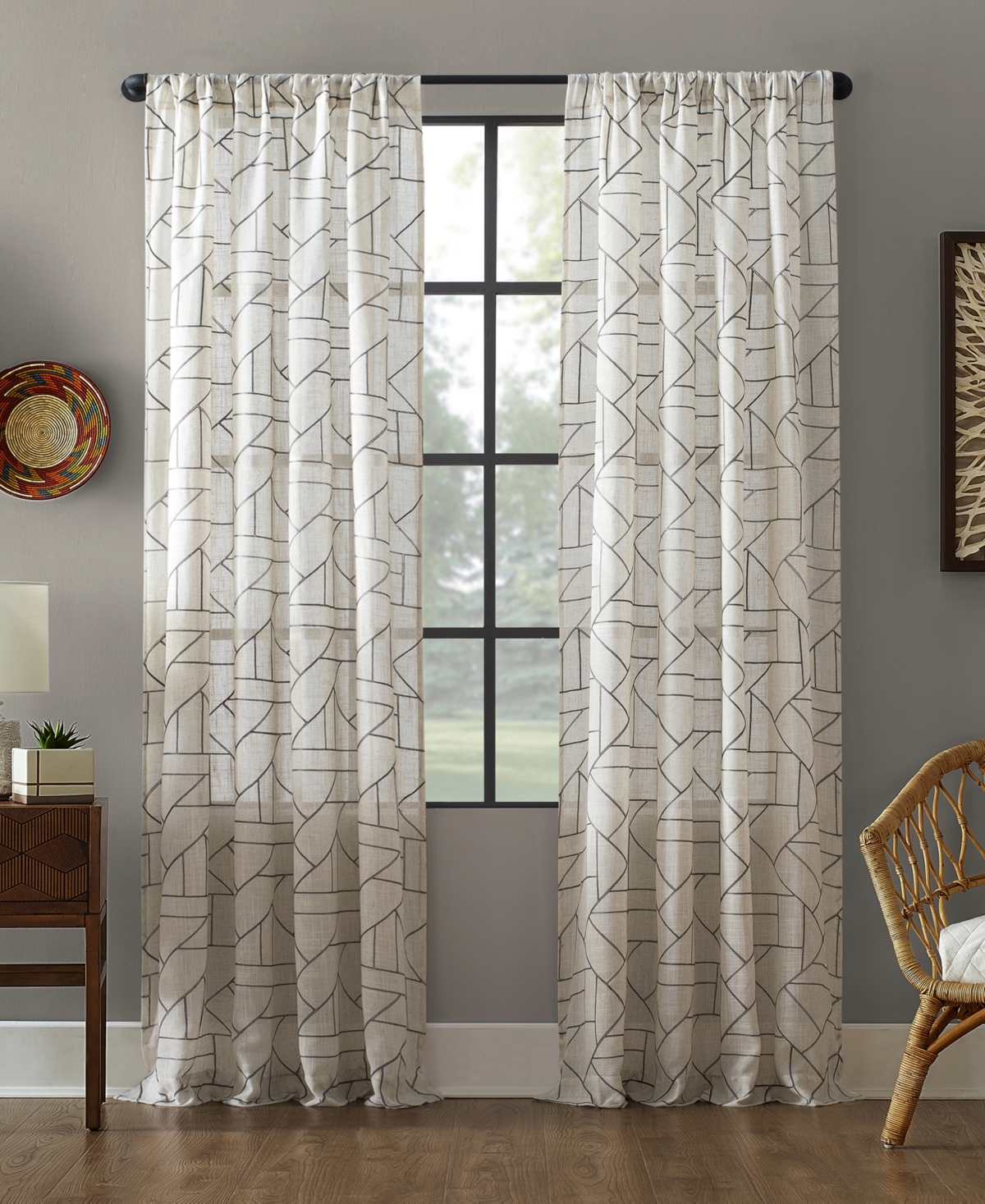 Archaeo Jigsaw Embroidery Curtain, 50" X 108" In Gray,linen