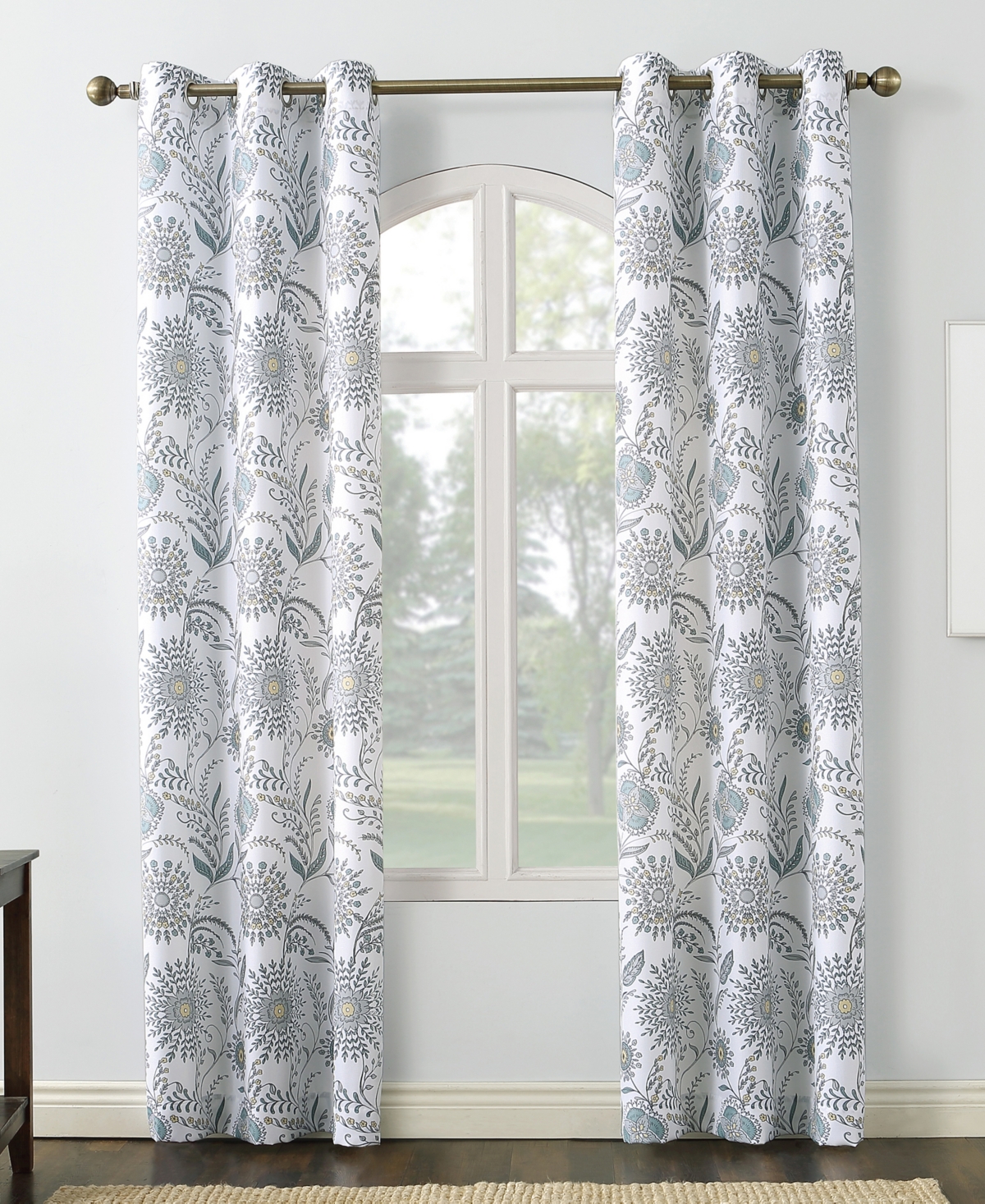 Janelle Medallion Floral Semi-Sheer Grommet Curtain Panel - White