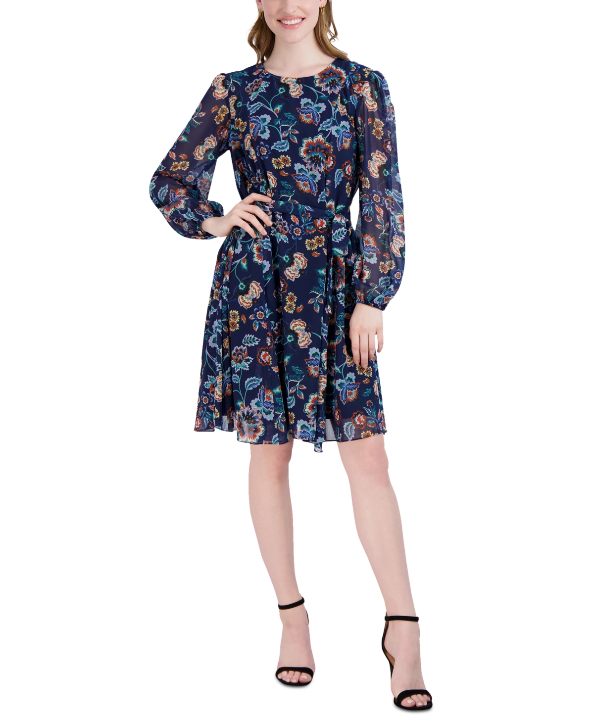 julia jordan Floral-Print Long-Sleeve Fit & Flare Dress