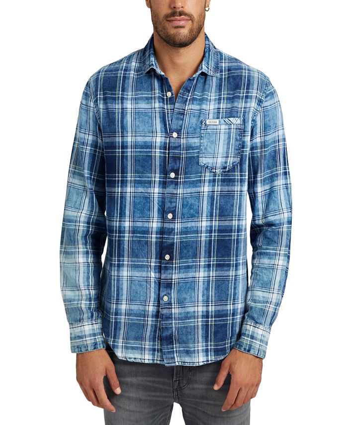 GUESS Men s Clyde Plaid Button Down Spread Collar Pocket Shirt