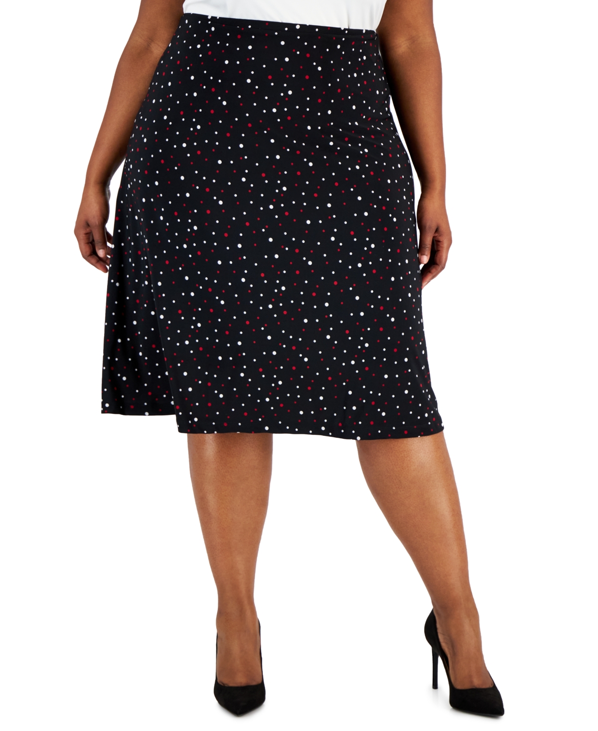 Kasper Plus Size Dot print Pull on Below the knee Skirt In Black