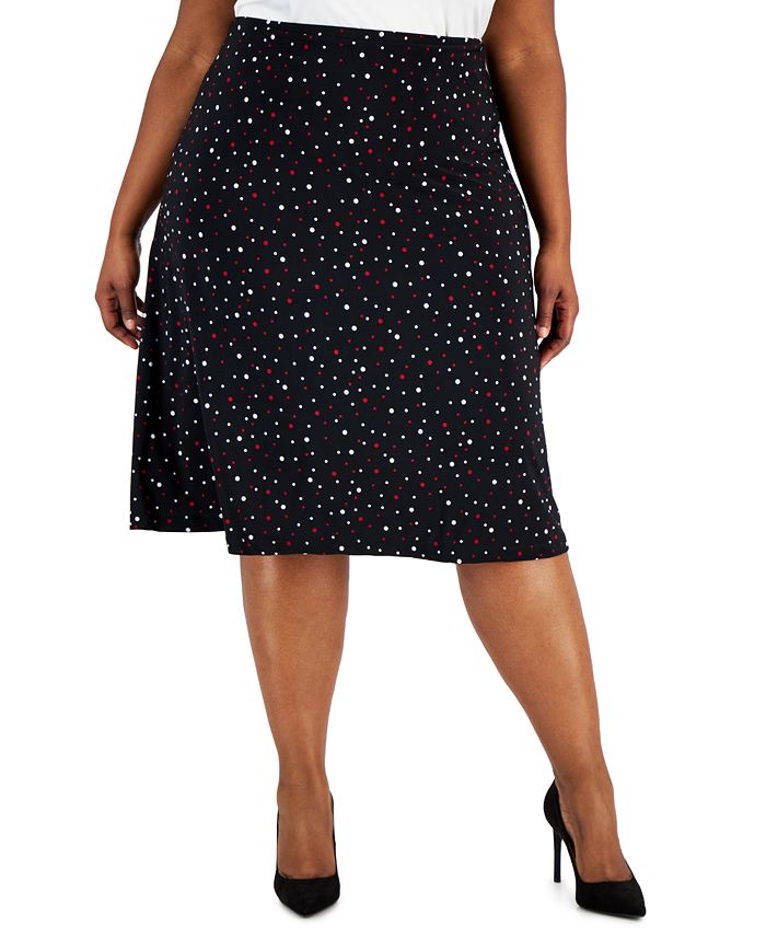 Kasper Plus Size Dot-Print Pull-On Below-The-Knee Skirt - Macy's
