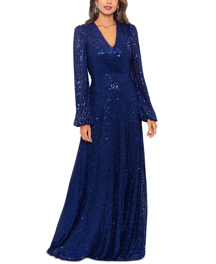 XSCAPE Women's V-Neck Long-Sleeve Sequined A-Line Gown - Macy's