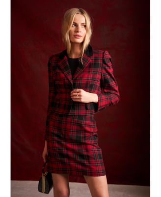 CeCe - Women's Plaid Puffed-Shoulder Cropped Blazer