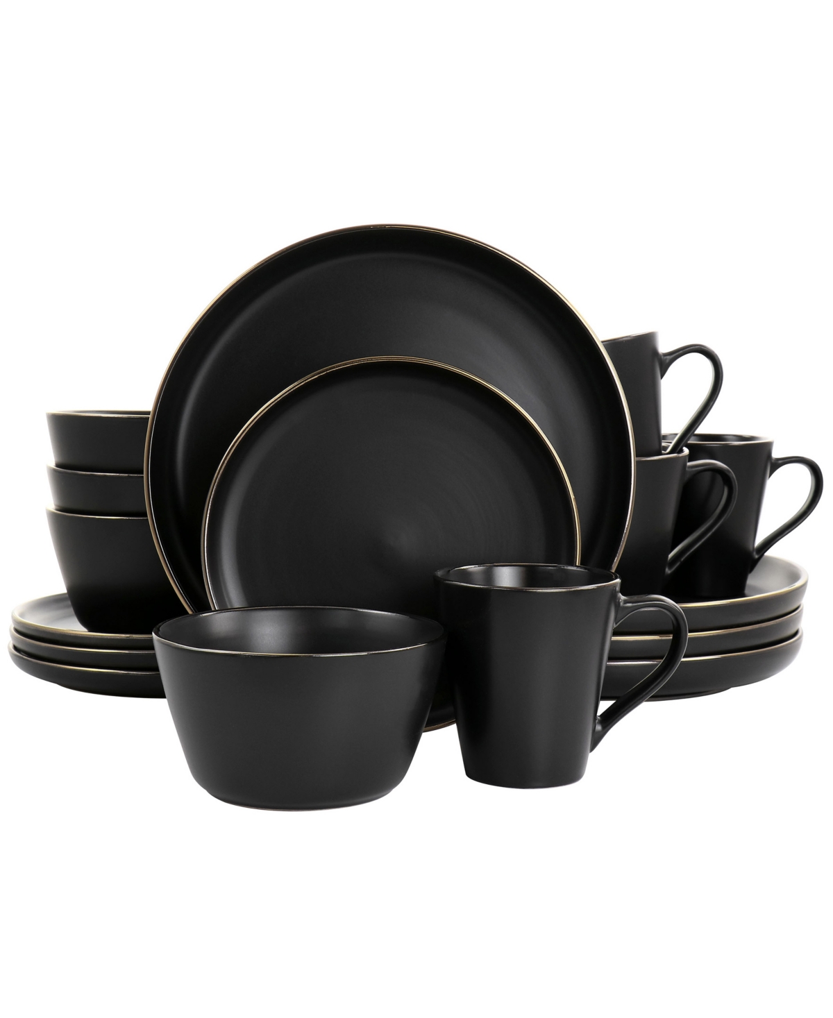 Flat, Raised Rim, Gold-Tone Trim Mateo 16 Piece Stoneware Dinnerware Set, Service for 4 - Matte Black with Gold Rim