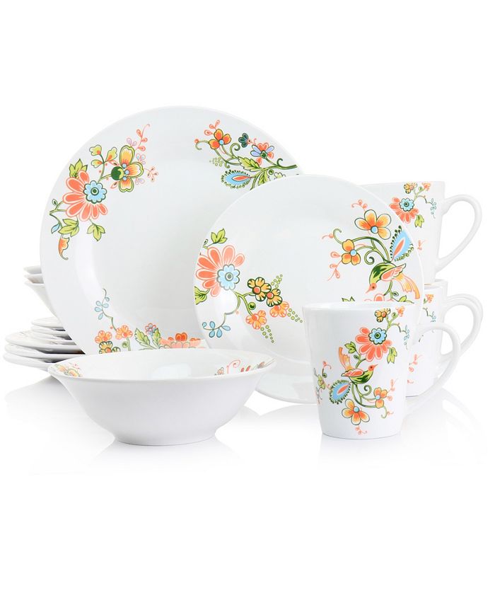 Elama Floral Zoe 16 Piece Round Porcelain Dinnerware Set, Service for 4