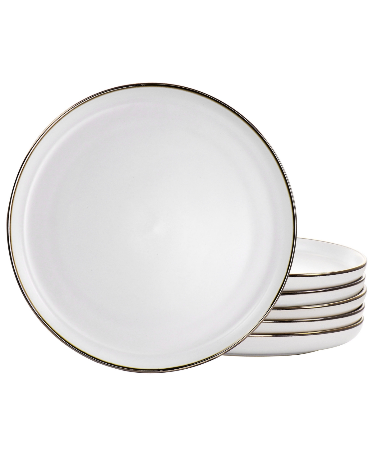 Flat, Raised Rim, Alejandro 6 Piece Stoneware Dinner Plate Set, Service for 6 - Matte White with Gold-Tone Rim