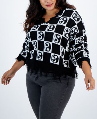 Just Polly - Trendy Plus Size Mini Yin Yang Destructed Sweater