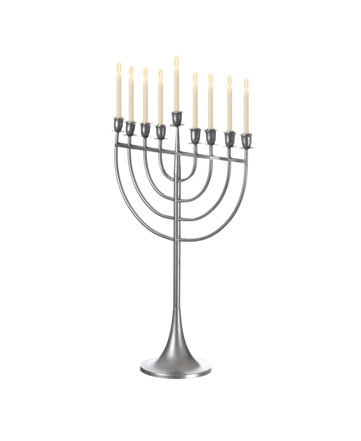 Modern Judaic Hanukkah Menorah 9 Branched Candelabra, Aluminum Finish, Medium - Silver-Tone
