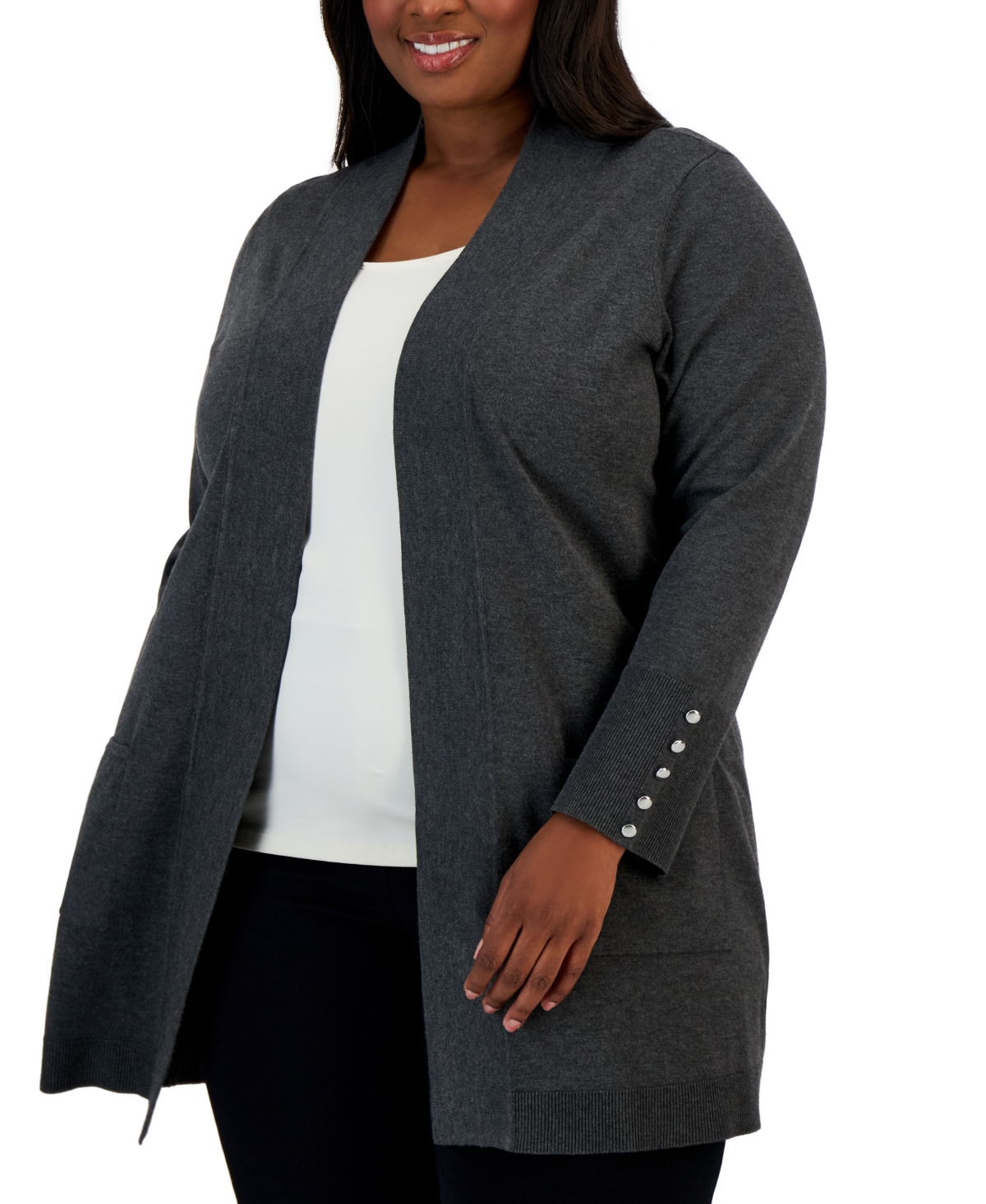 JM COLLECTION PLUS SIZE BUTTON-SLEEVE FLYAWAY CARDIGAN SWEATER, CREATED FOR MACY'S