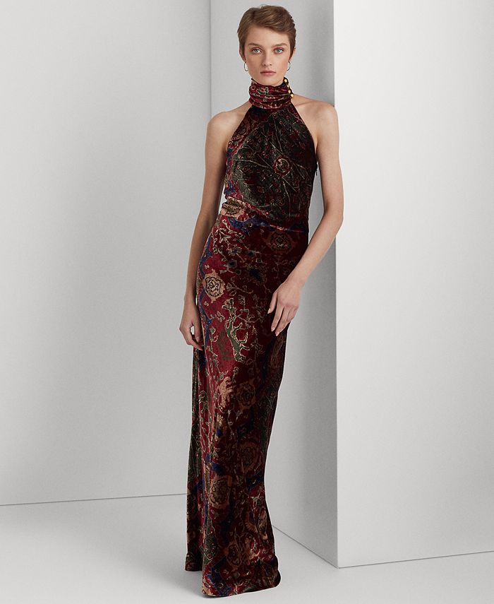 Lauren Ralph Lauren Women's Printed Velvet Sleeveless Halter Gown - Macy's